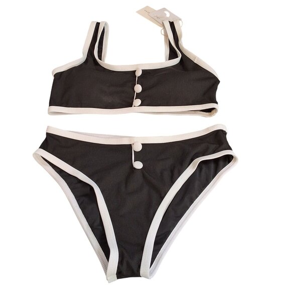 Contrast Binding Two-Piece Bikini Set With Button Accents Sz M Black/White - Picture 3 of 7
